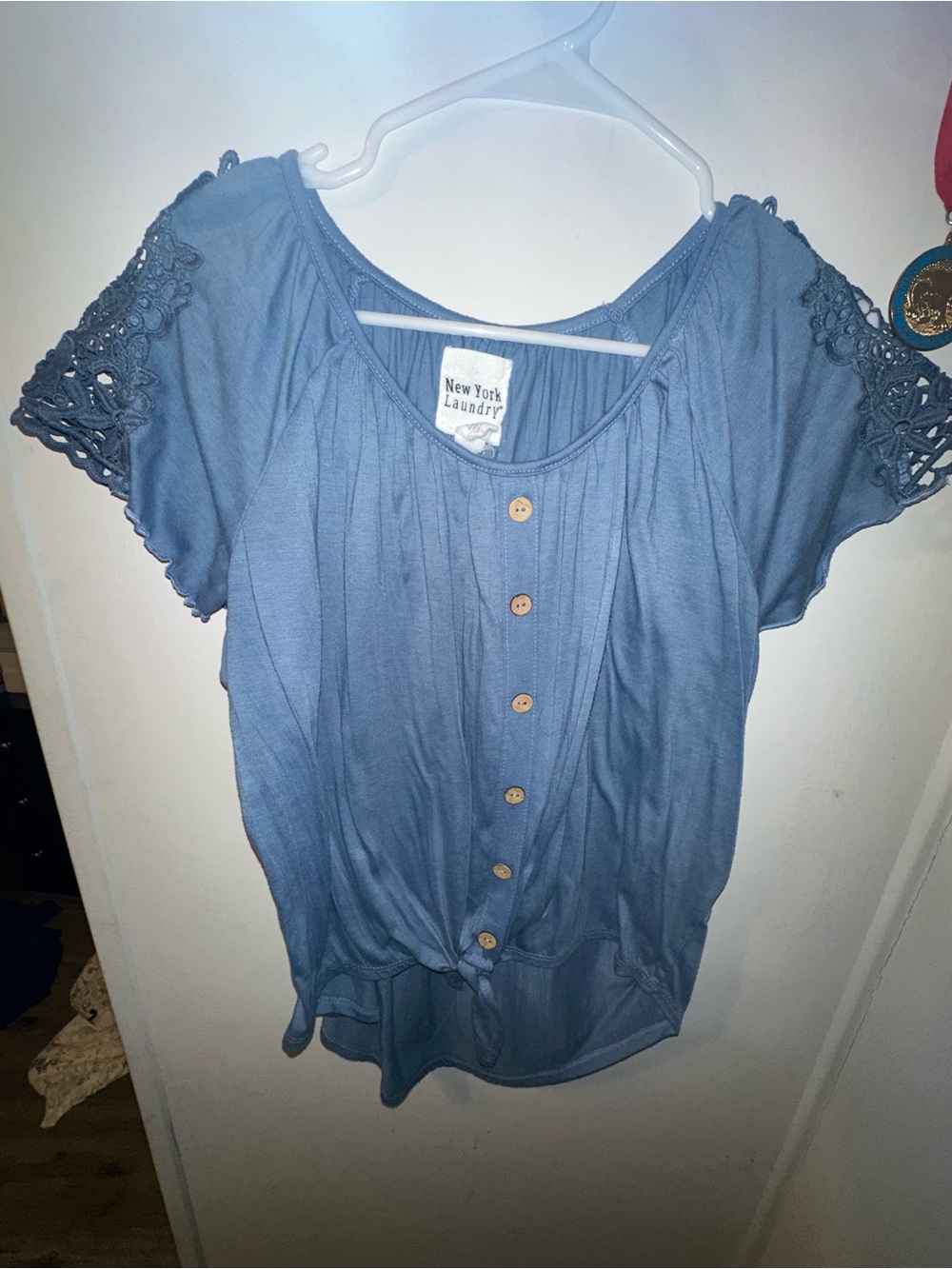 New York Laundry Dusty Blue Button-Front Crochet Sleeve Blouse